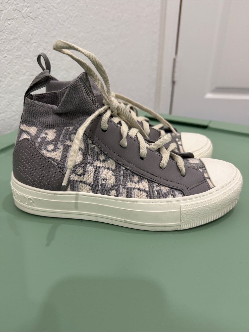 Dior Gray and Cream High-Top Logo Knit Sneakers